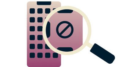 A magnifying glass on device icons.