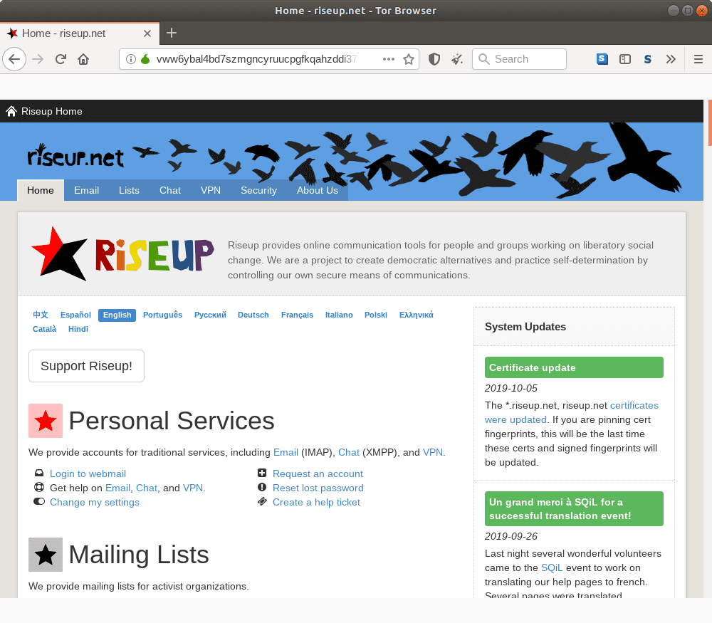Homepage Onion di Riseup.