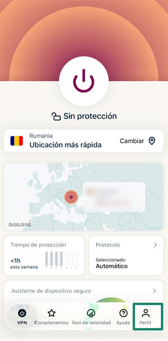ExpressVPN home screen showing disconnected status and Profile tab.