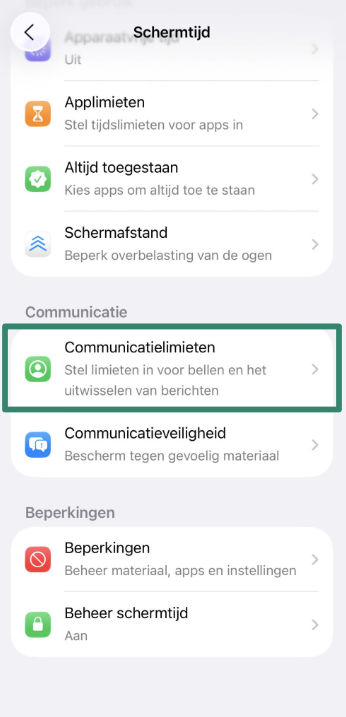 Communication Limits settings for child’s iPhone account.