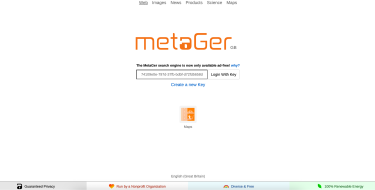 MetaGer homepage with login key and privacy-first features.