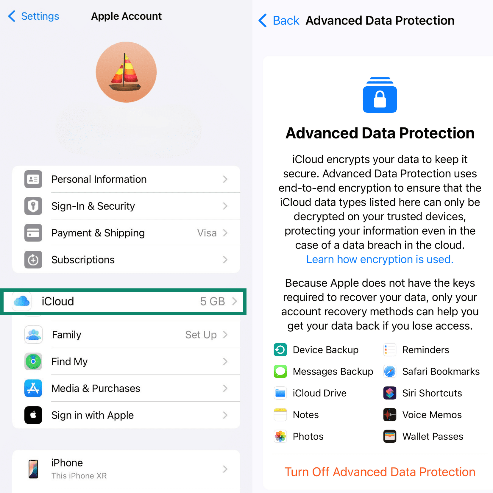 The Advanced Data Protection information screens in iPhone settings. It explains that the feature provides end-to-end encryption and lists the data types it protects, such as iCloud Drive, Notes, and Photos.