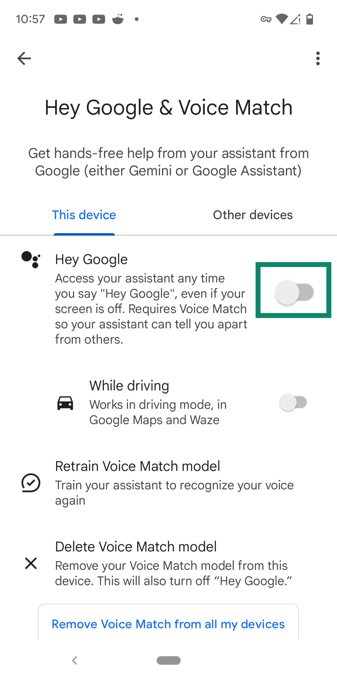 Toggling off Hey Google.