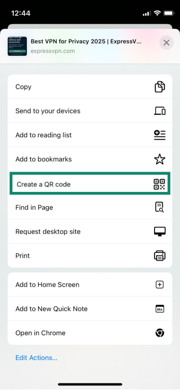 The "Crate a QR code" option on the iPhone Google Chrome app.
