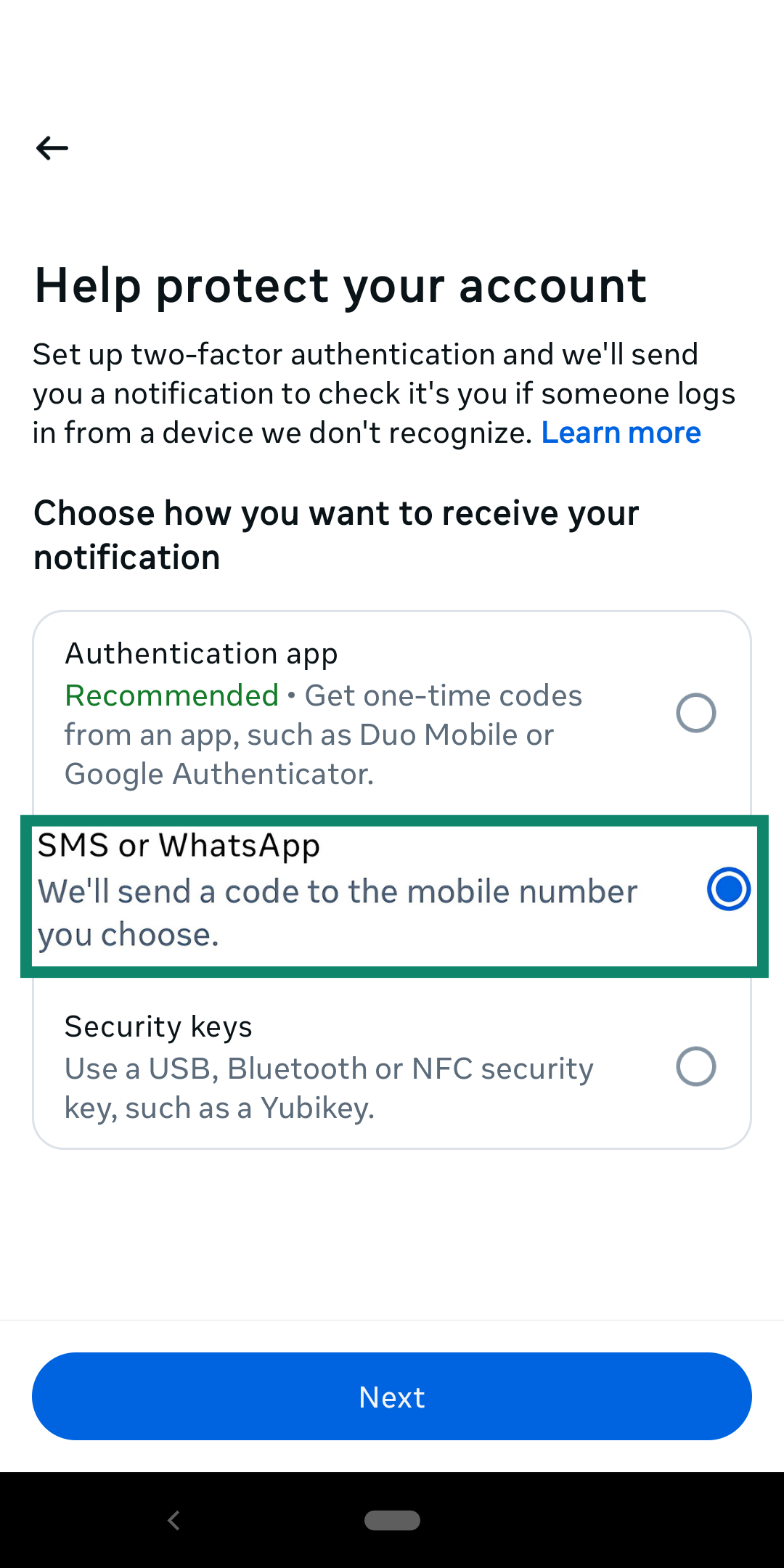 The SMS or WhatsApp 2FA options in a generic app