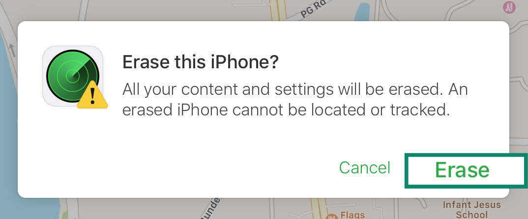 A confirmation prompt asking to ‘Erase this iPhone?’, warning that all content will be permanently deleted and the device will no longer be trackable.