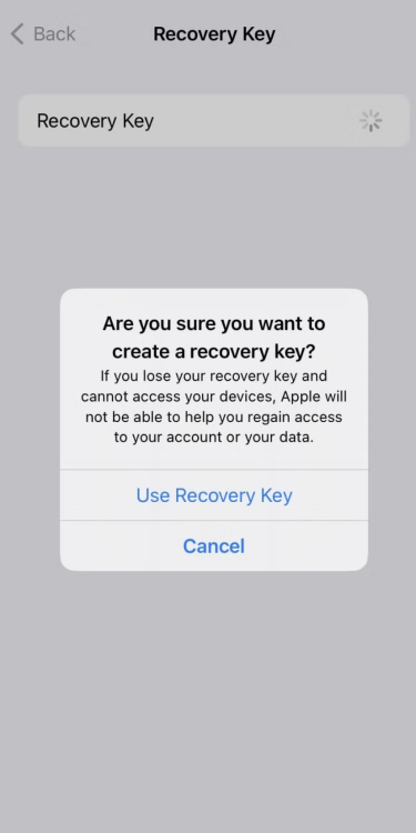 Screenshot of a confirmation pop-up on iOS that asks, ‘Are you sure you want to create a recovery key?’