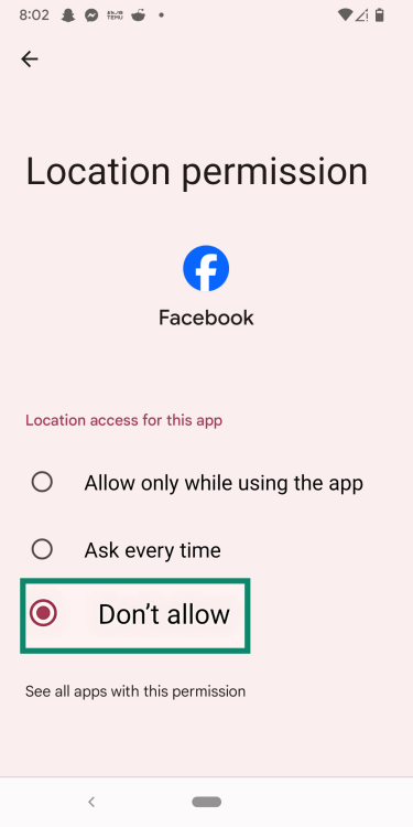 Choosing Don't allow in the Facebook location permissions.