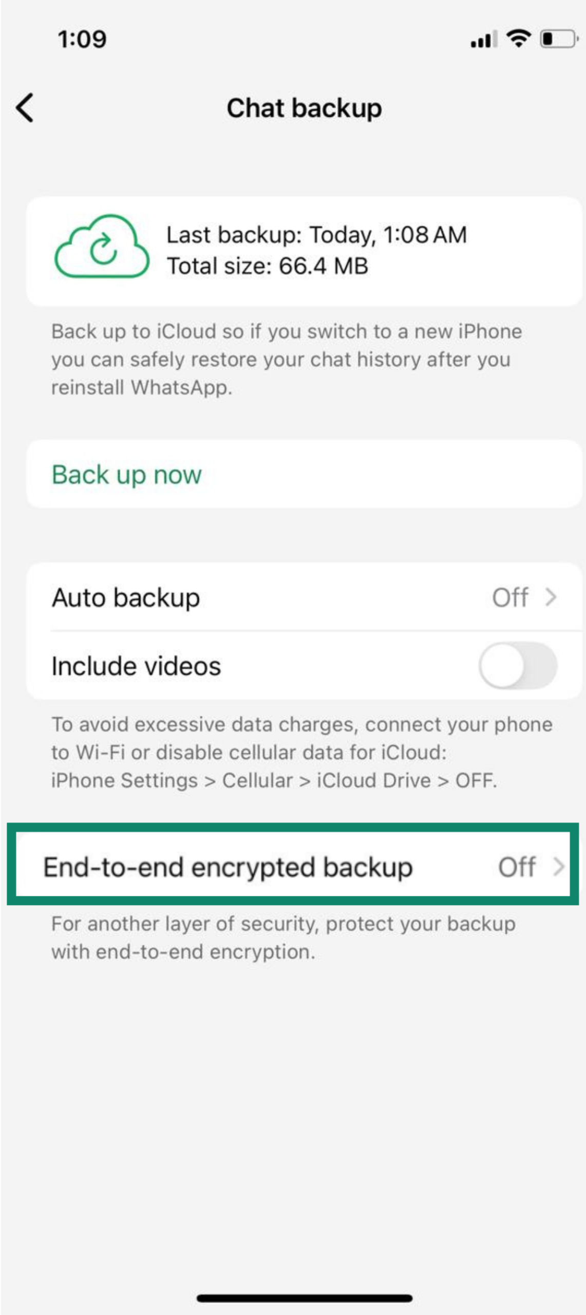 iPhone Chat backup screen with end-to-end encrypted backup switched off