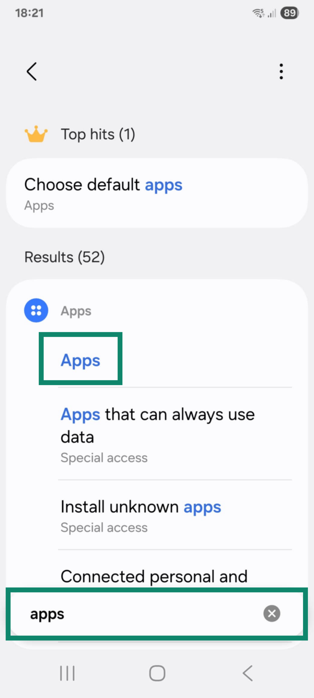The android settings page once you search for "apps"