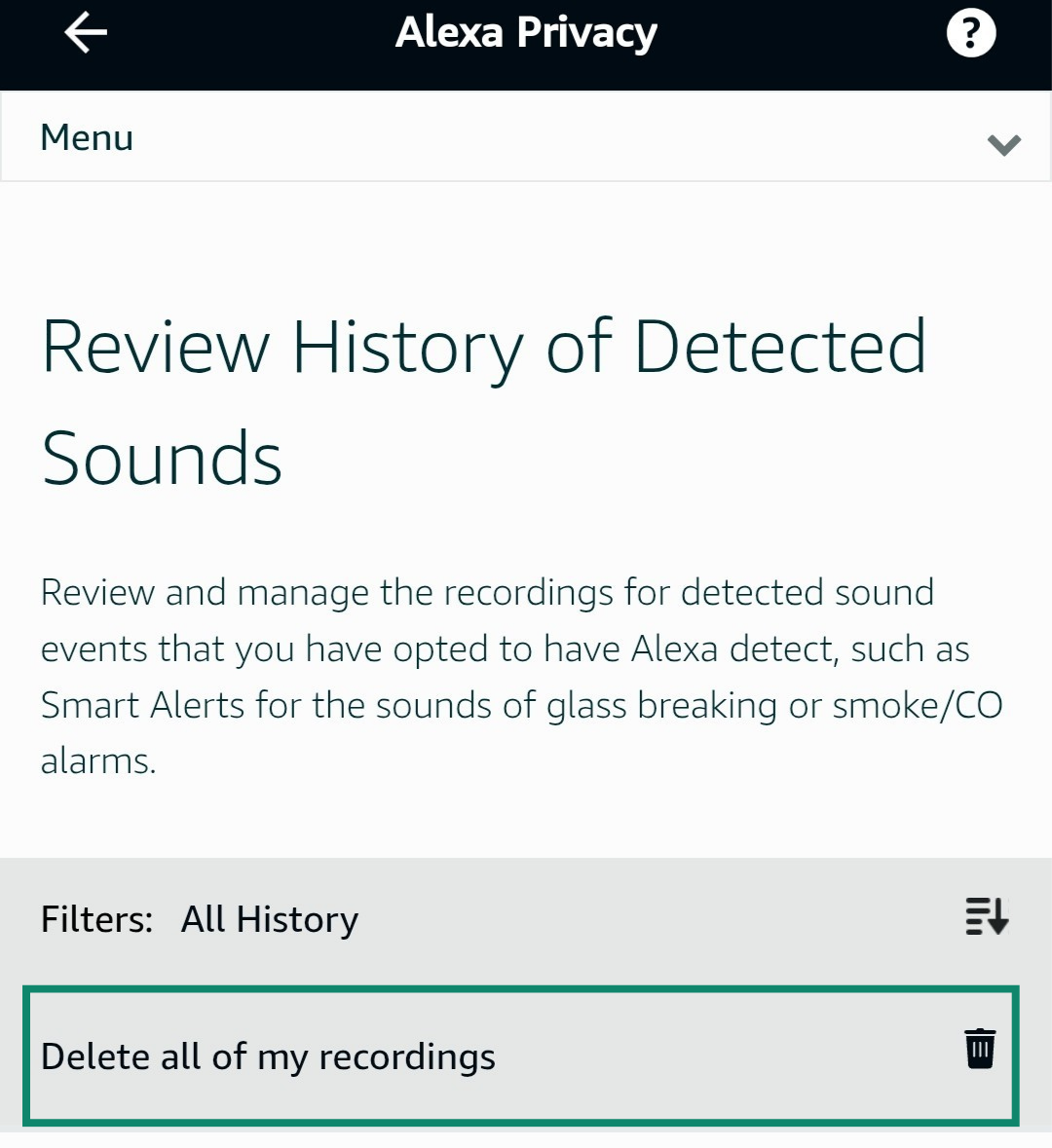 Deleting all detected sounds using the Amazon Alexa app.
