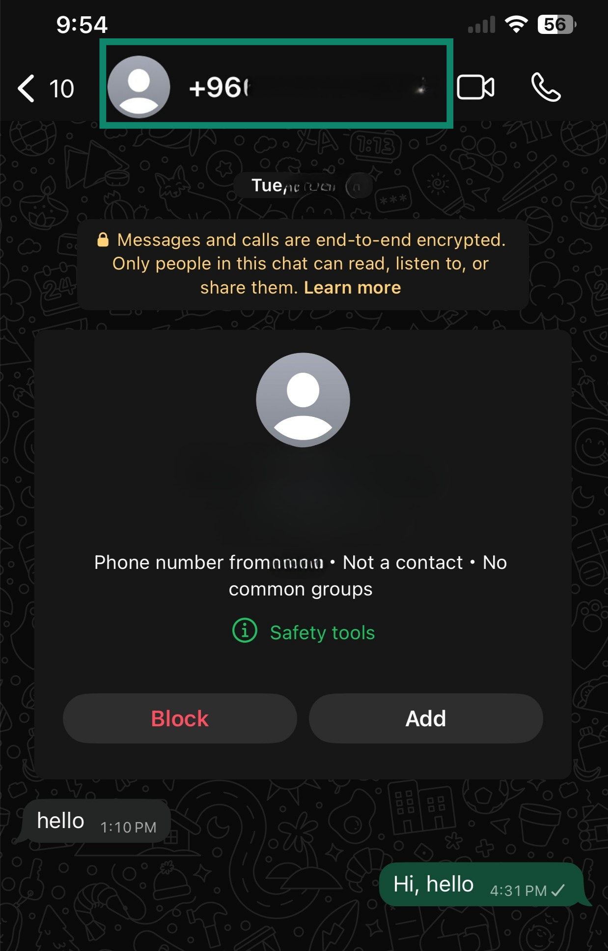 WhatsApp chat screen with the contact name/phone number area highlighted.