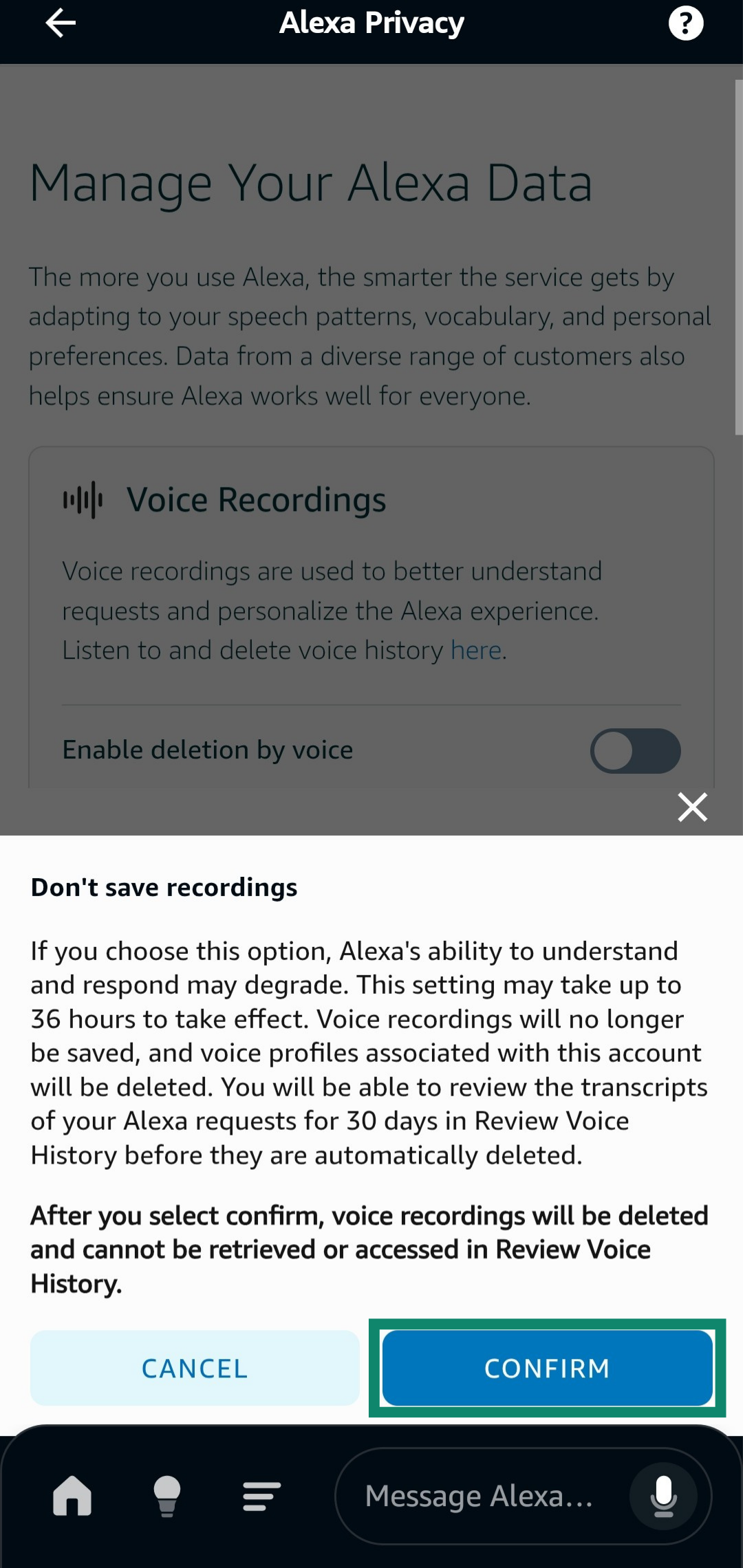 Confirming settings changes when setting Alexa to not save any recordings.