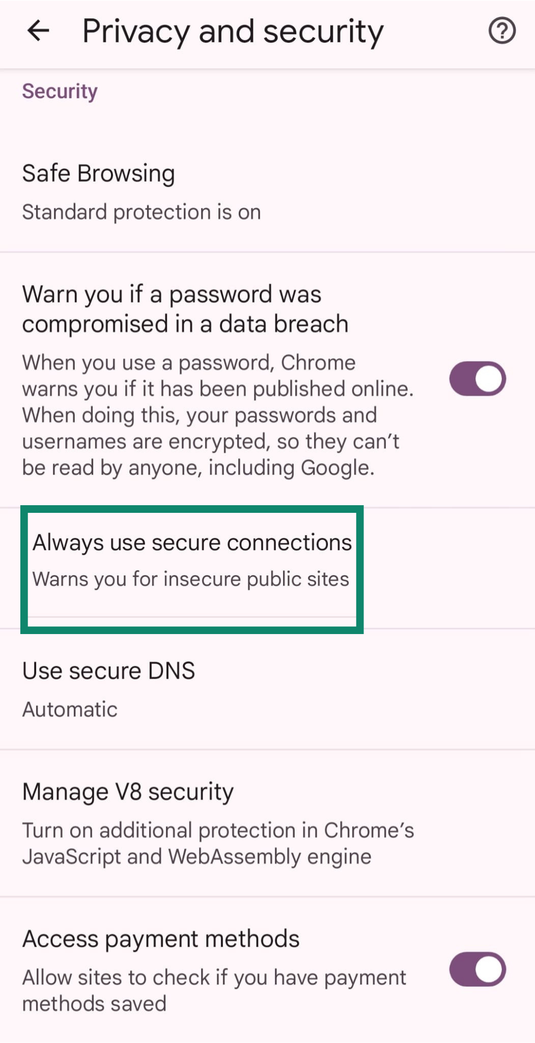 Chrome privacy and security settings with Always use secure connections highlighted