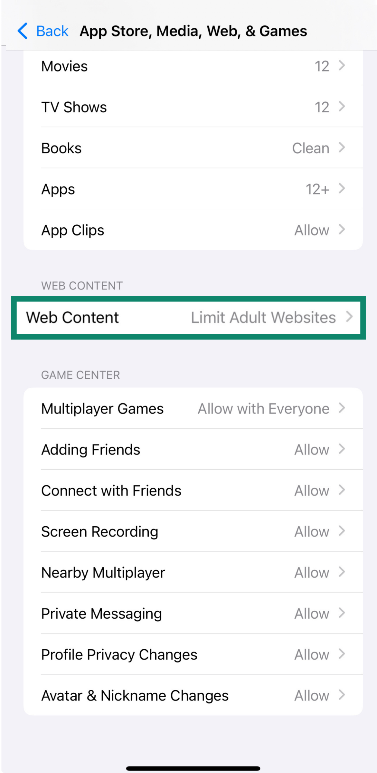 iPhone screen showing Web Content restriction setting.