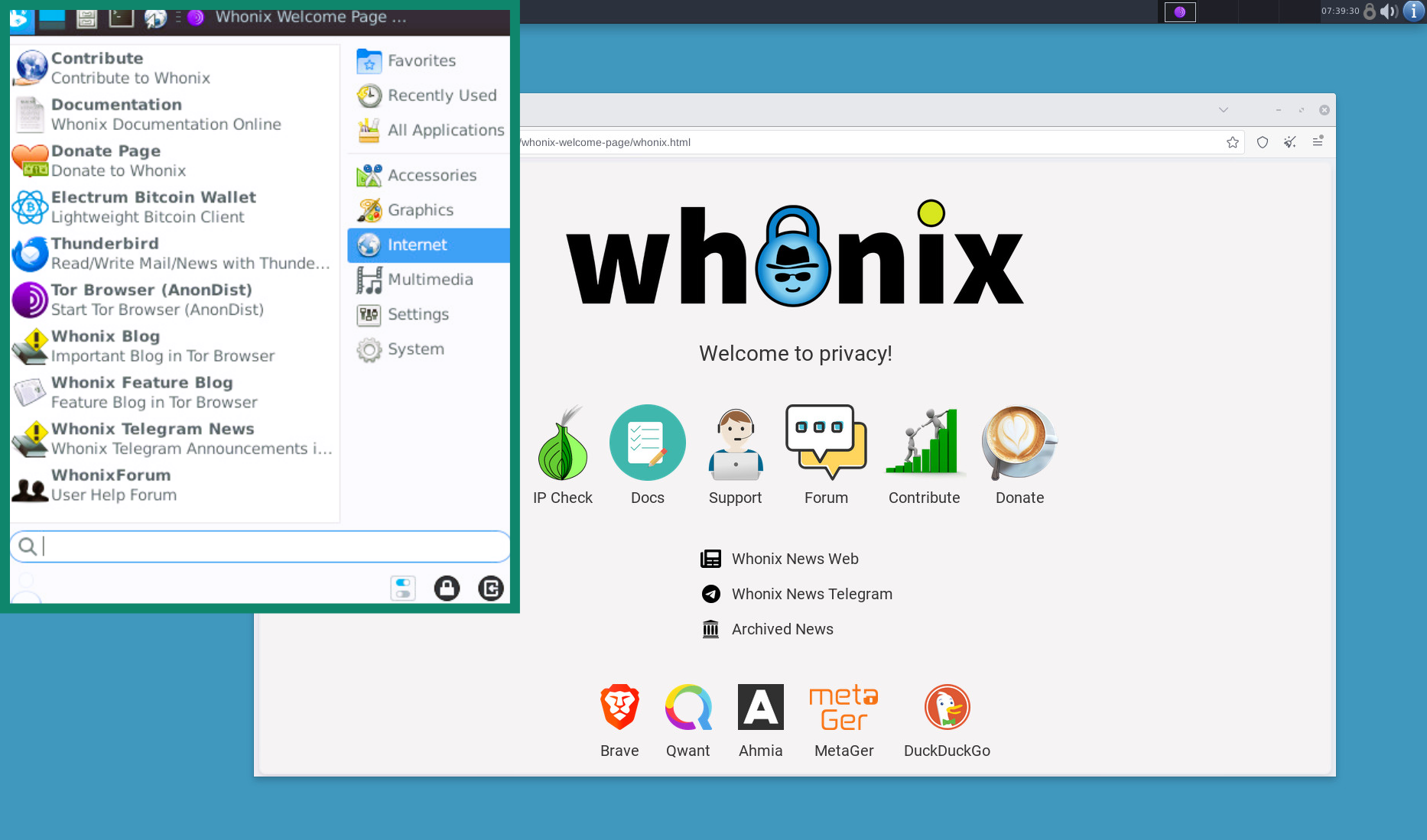 Whonix interface, with visible taskbar and a background wallpaper