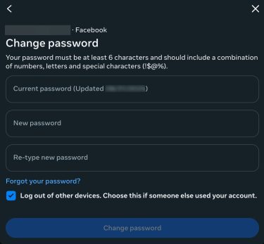 Facebook password change page.