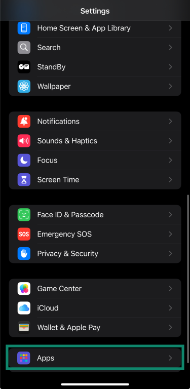 iPhone Settings screen highlighting the Apps option. 