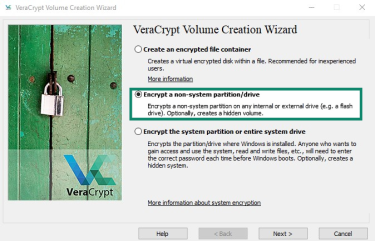 VeraCrypt Volume Creation Wizard main screen with the Encrypt a non-system partition/drive option highlighted.