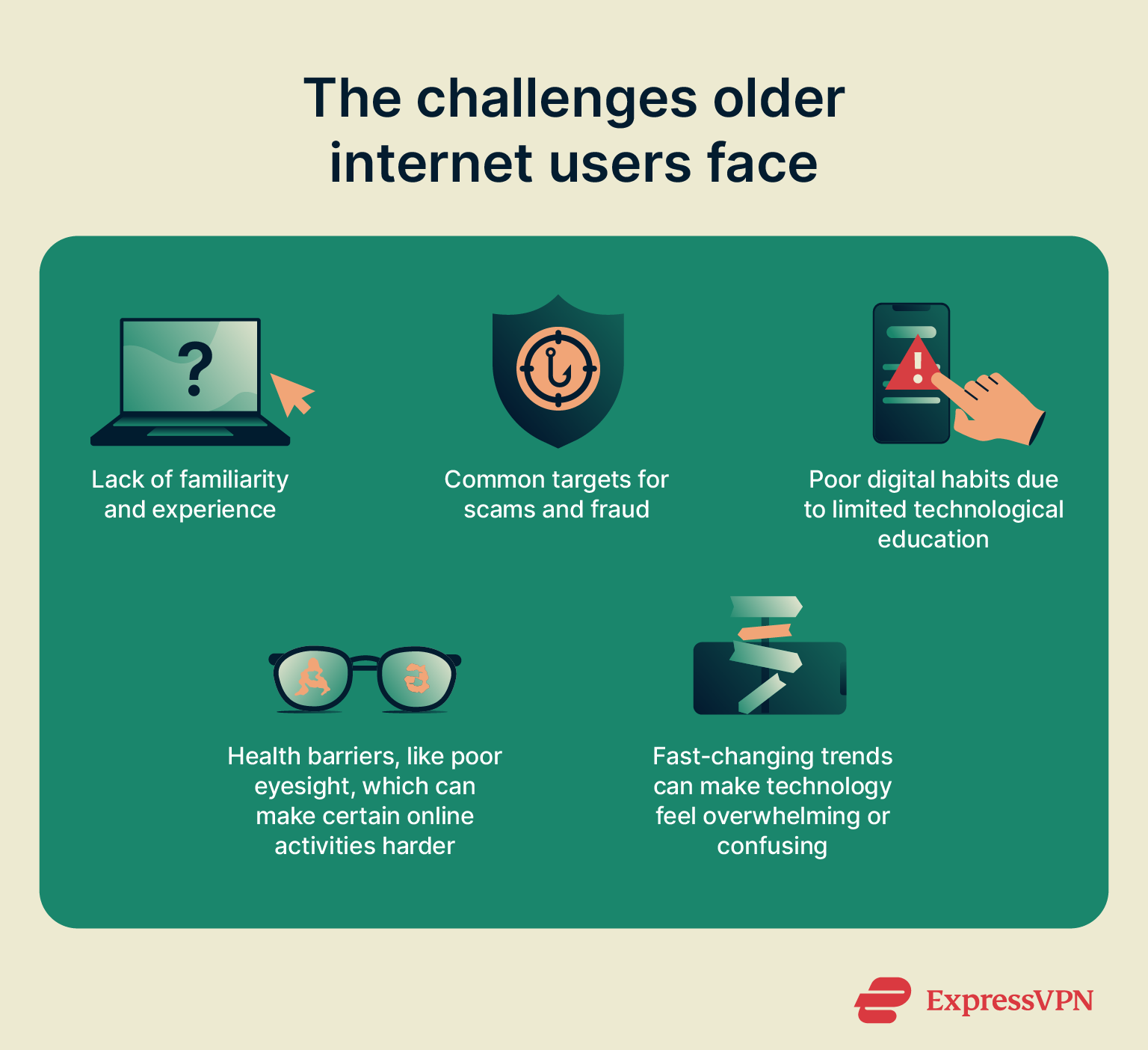 A list of some of the challenges that older people face when using the internet.
