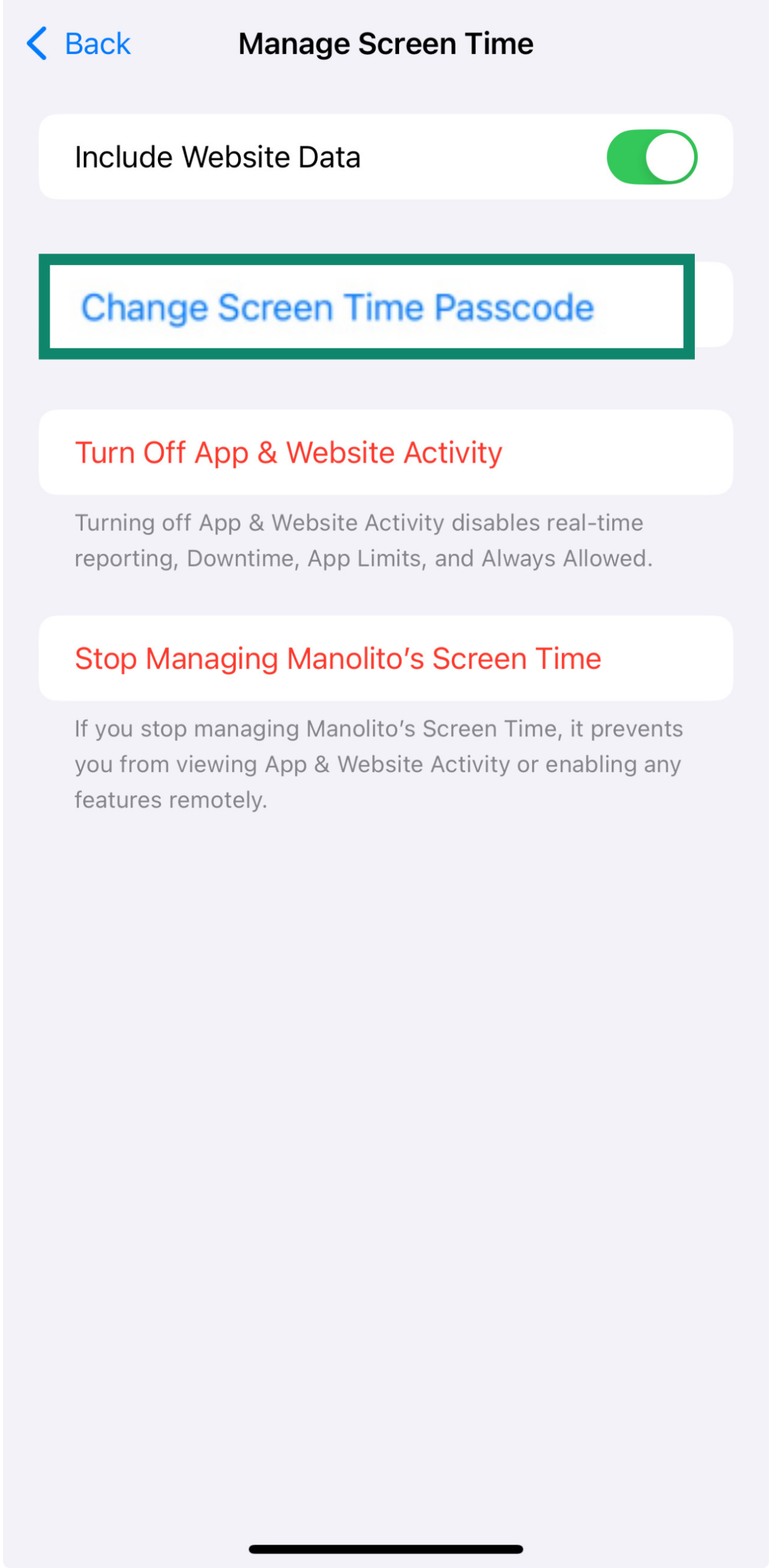 Family list with child’s name selected in iPhone Settings