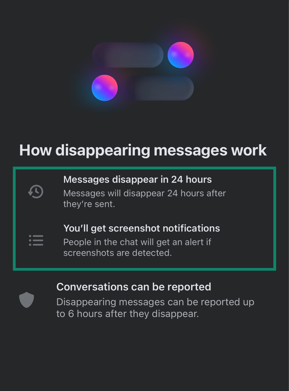 Facebook's Messenger's disappearing messages activation screen showing how the feature works.