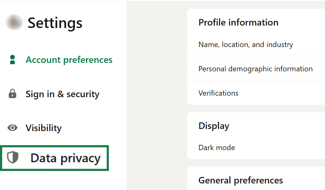 The main LinkedIn Settings page, with the "Data privacy" option highlighted in the left-hand navigation menu.