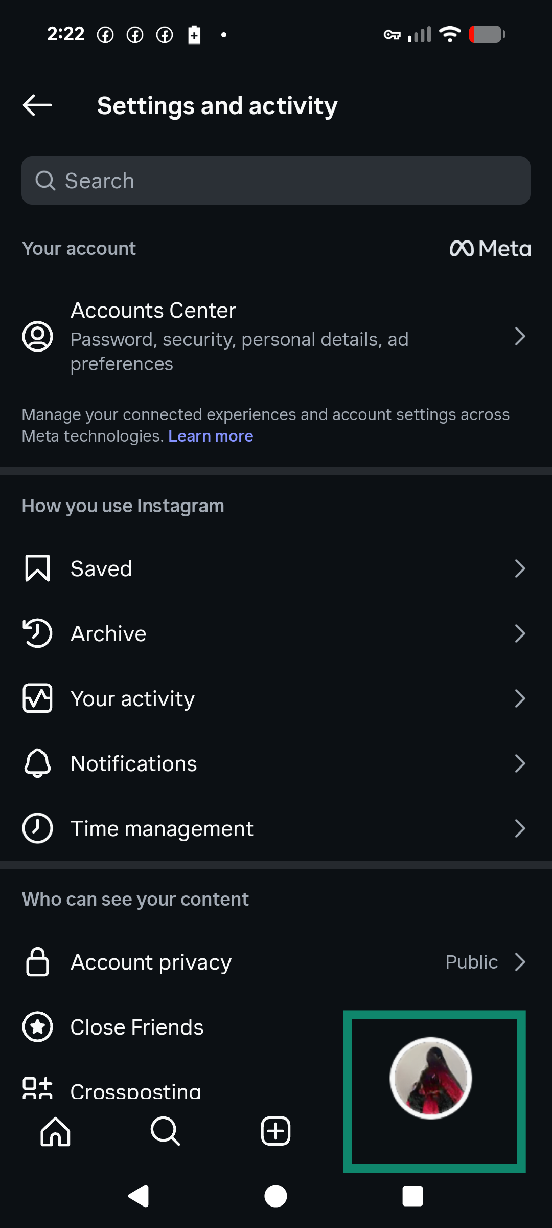 Instagram interface with profile highlighted.