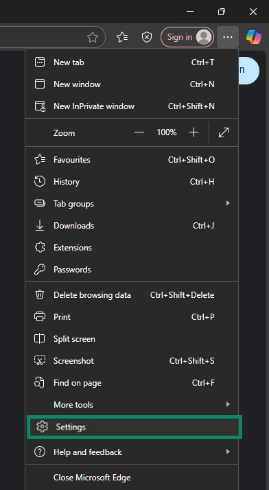 Edge menu with the Settings button highlighted.