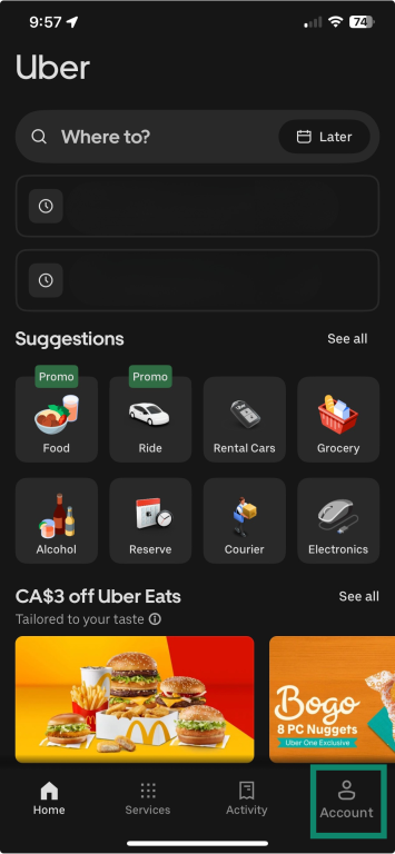 Uber mobile app homescreen with account icon highlighted.