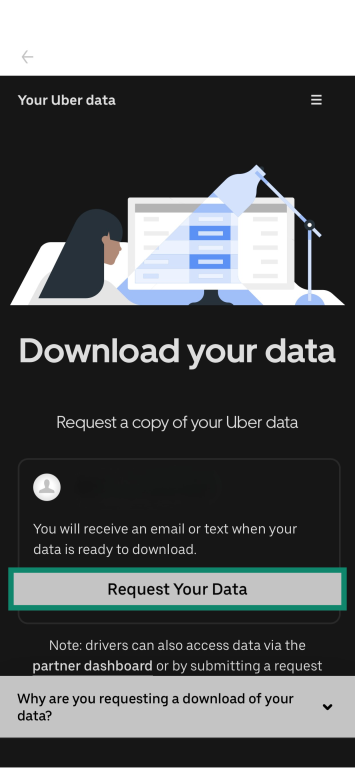Uber mobile data request page with the request button highlighted.