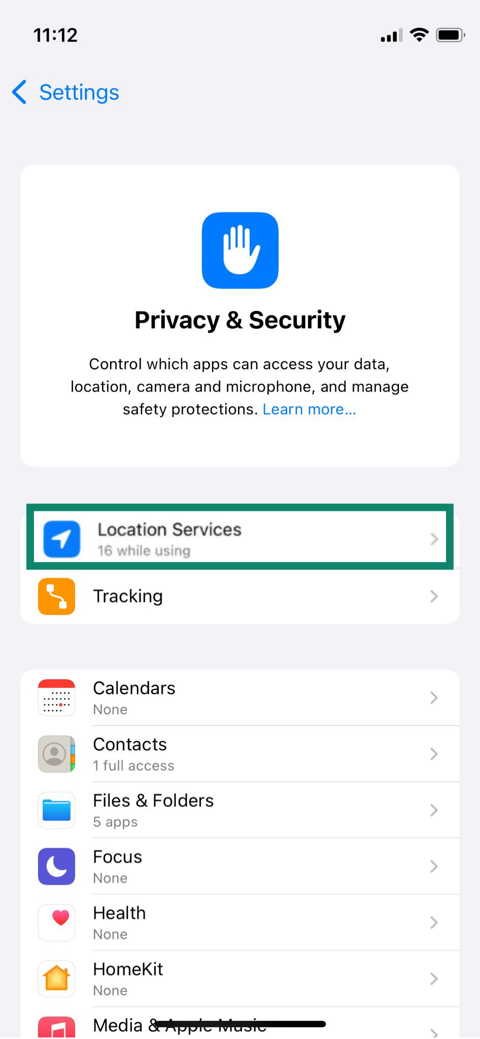 The Location Services settings on an iPhone.