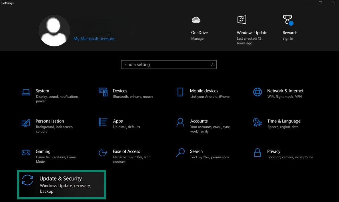 Windows Settings menu with the Update & Security button highlighted.