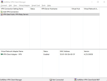 SoftEther VPN Client Manager main screen with VPN Gate Public VPN Relay Servers selected.