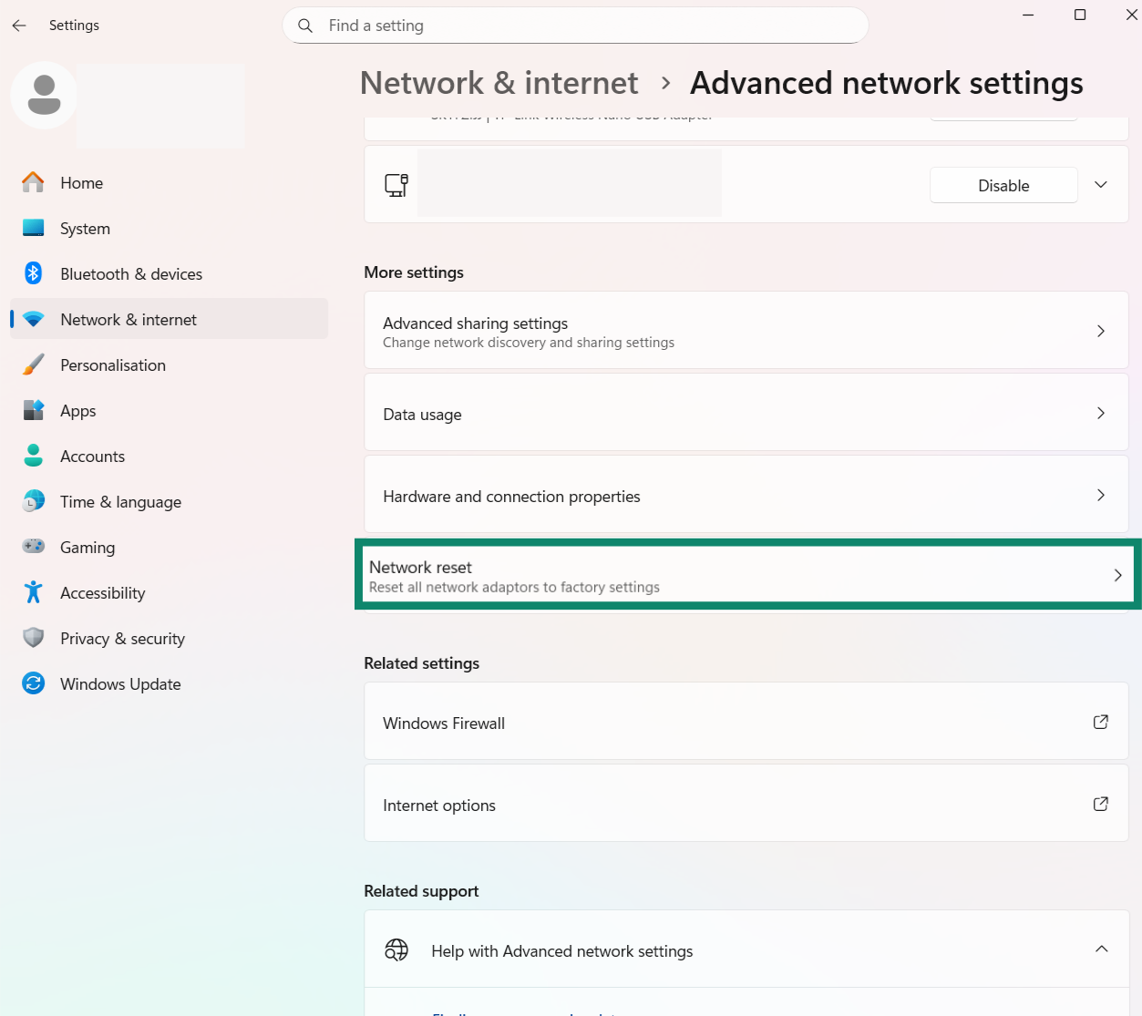 A screenshot of the Windows Advanced network settings menu, showing the Network reset option.