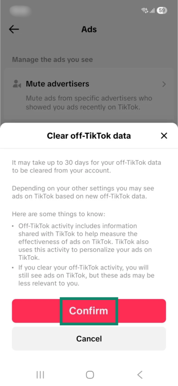 The "Clear off-TikTok data" pop-up window in the TikTok app. The "Confirm" button is enlarged and highlighted.