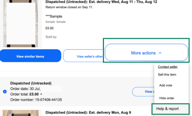 eBay Purchase History page showing the “More actions” menu open with the Help & report option