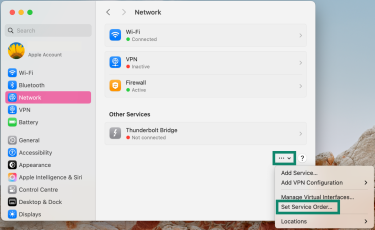 Network settings with three-dot menu showing Set Service Order option.
