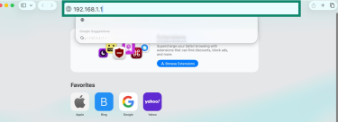 Safari browser on a mac with the IP address "192.168.1.1" entered in the search field.