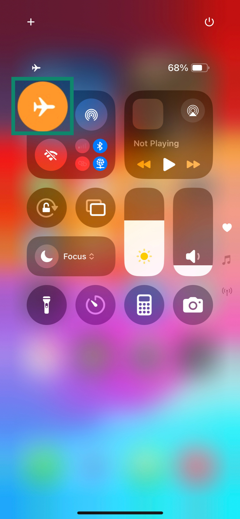 Screenshot of the iPhone Control Center with Airplane Mode enabled