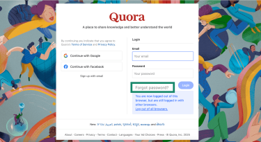 Quora login page with Forgot your password highlighted.