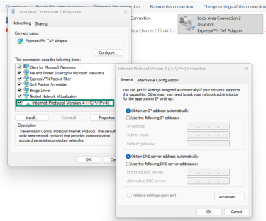 IPv4 Properties dialog showing Obtain an IP address automatically and Obtain DNS server address automatically selected.