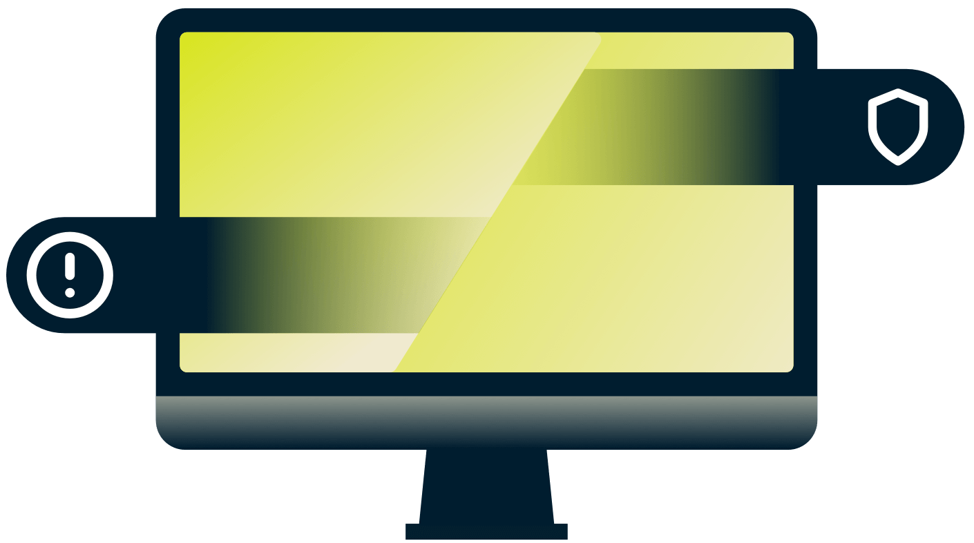 TV con exclamación y escudo.