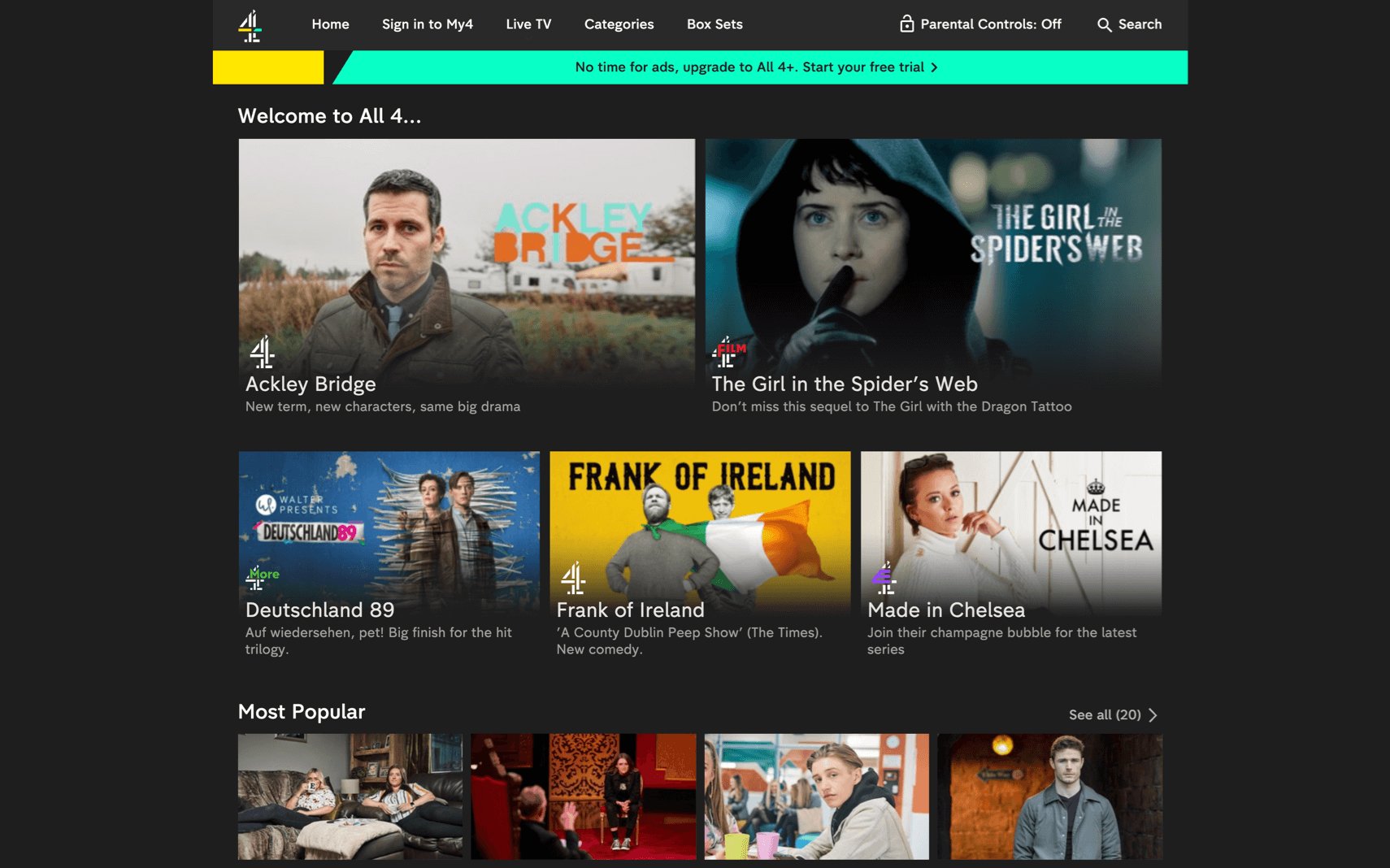 Channel 4 Storbritannia All 4-app startskjerm og programmer