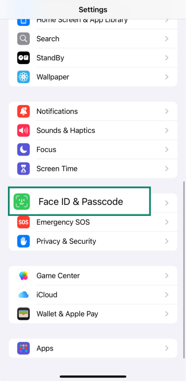 iPhone Settings showing Face ID & Passcode menu for security configuration