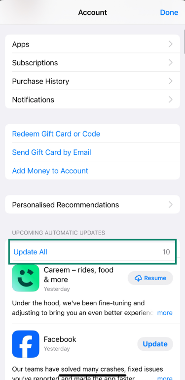 iPhone App Store account page with Update All apps option selected