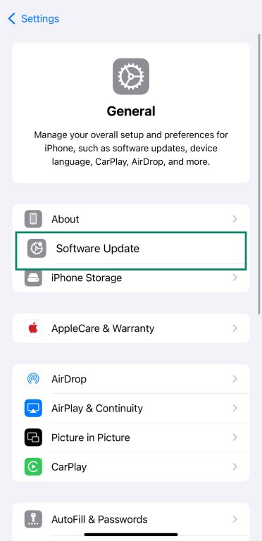 Phone General settings with Software Update highlighted 