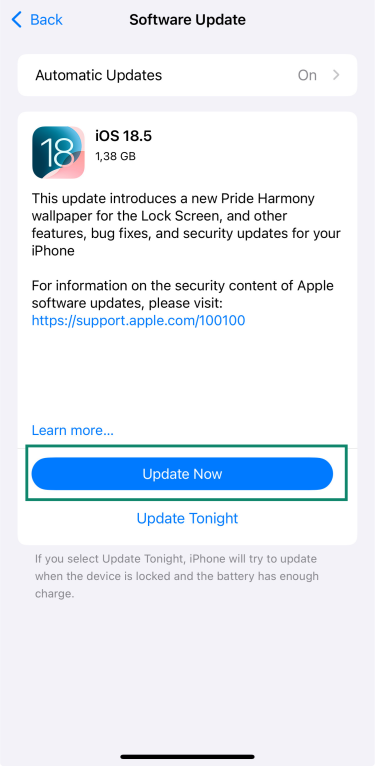 OS 18.5 update screen on iPhone with Update Now option
