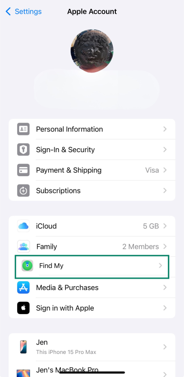 iPhone Apple ID settings showing Find My option to access device tracking features