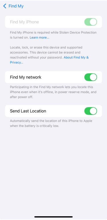 Find My iPhone, Find My network, and Send Last Location toggles all enabled on iPhone.